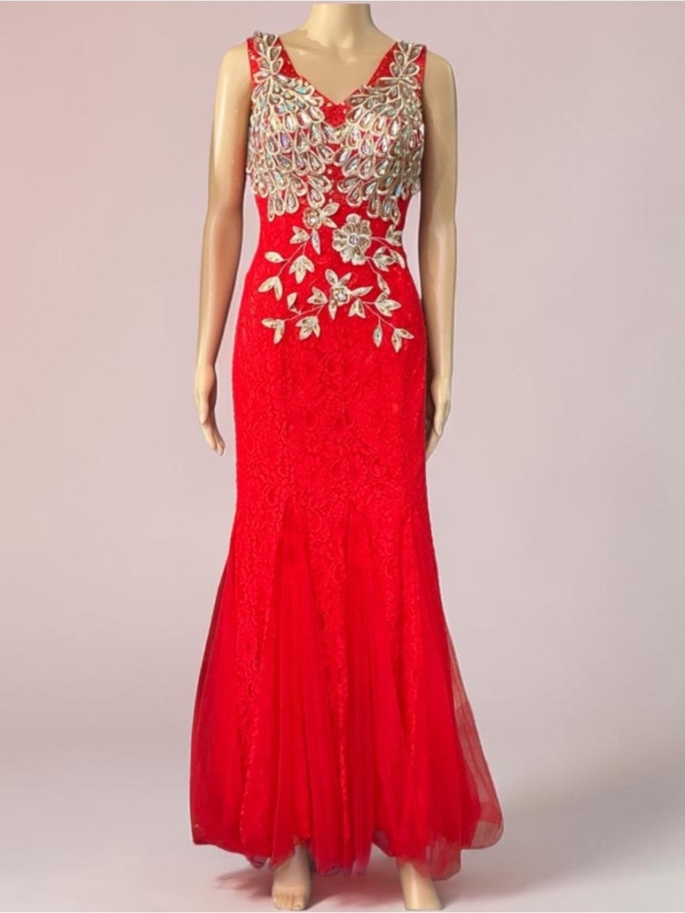 Vintage Elegant Red and Gold Lace Embroidered Peacock Lace Maxi Dress